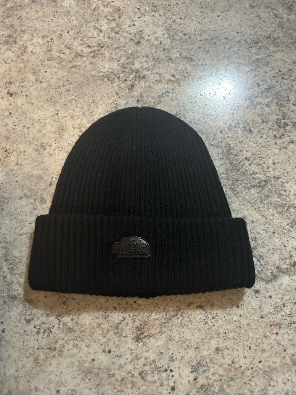 The North Face Black Ribbed Cuffed Beanie with Leather Logo